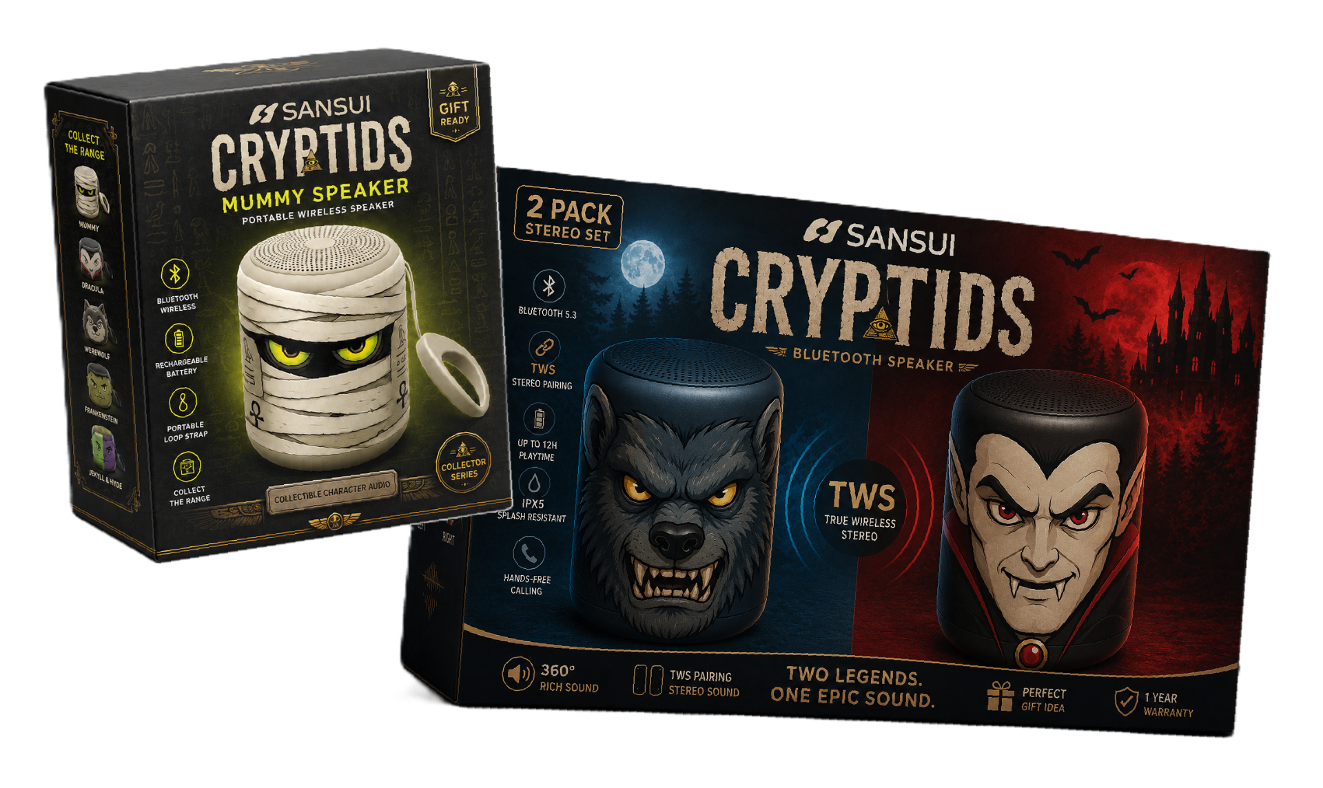 Sansui Cryptids Mummy Speaker and Werewolf & Dracula 2-Pack Stereo Set